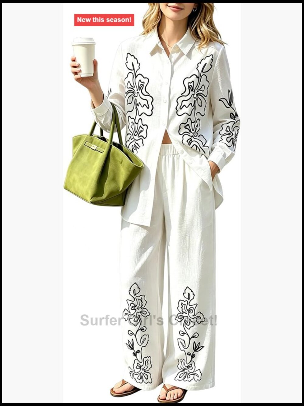 Women's Embroidered Lounge Set - Long Sleeve Button Down Shirt & Wide Leg Pants